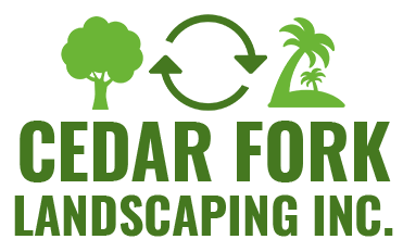 Green logo for Cedar Fork Landscaping Inc. featuring a tree, recycling symbol, and palm trees.