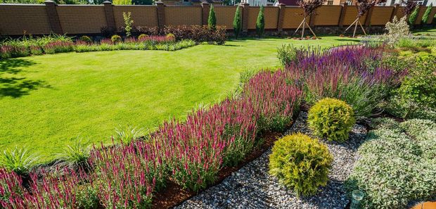 Lush green lawn with a border of colorful flowering plants and bushes, a wooden fence in the background.