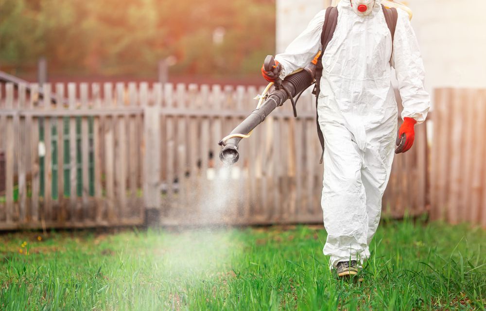 Person in white protective suit spraying lawn with a powered sprayer; wooden fence and building in the background.