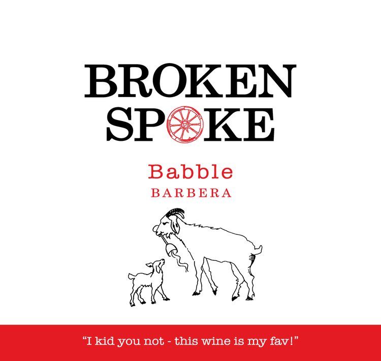 A label for broken spoke babble barbera wine