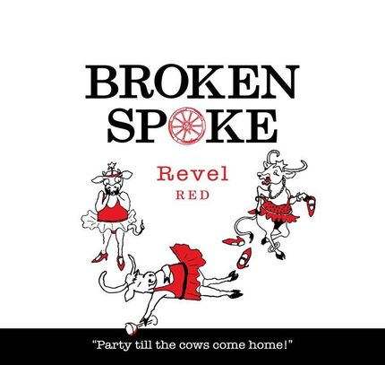 A broken spoke revel red label with three cows on it