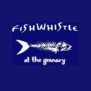 A fish whistle at the granary logo on a blue background