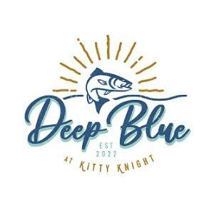 The logo for deep blue at kitty knight shows a fish jumping out of the water.