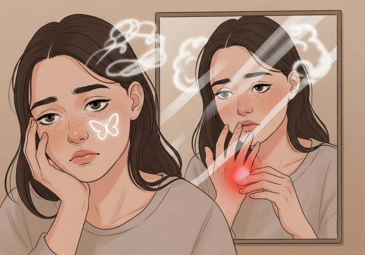 一名女性正受自體免疫疾病常見症狀所苦,鏡中倒影顯示臉頰的蝴蝶斑、關節疼痛與全身性疲勞,呈現需要進行檢測的警訊。