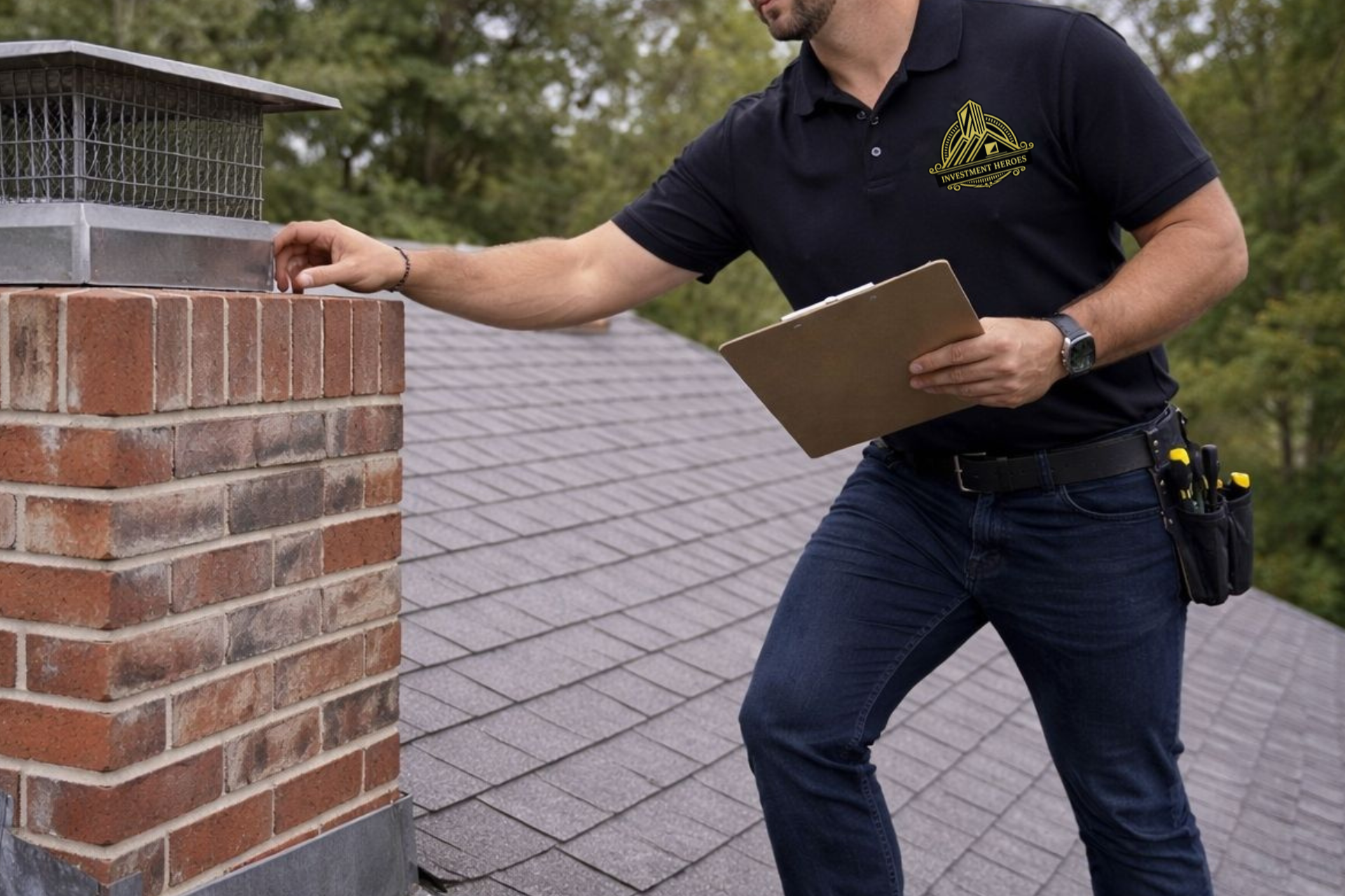 Investment Heroes Roofing examines a chimney cap on a roof while holding a clipboard.