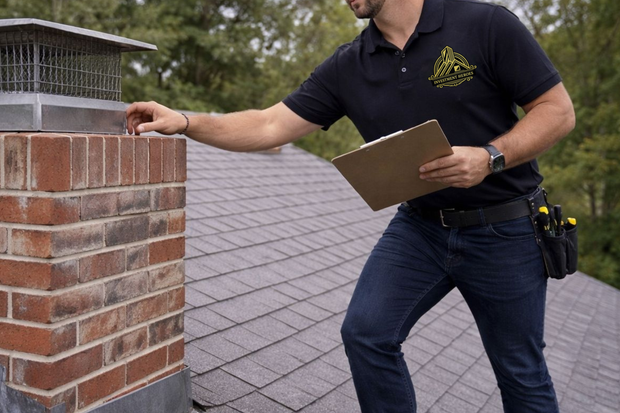 A professional in a black uniform inspects a brick chimney on a shingled roof while holding a clipboard.