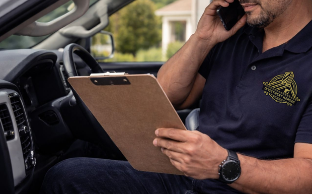 A person in a dark polo shirt sits in a vehicle, holding a clipboard and talking on a smartphone.