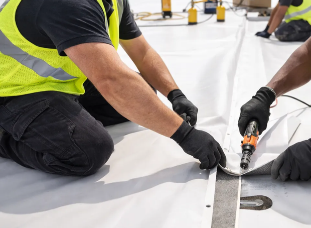 Two workers in high-visibility vests and gloves use a power tool to seam white roofing material on a construction site.