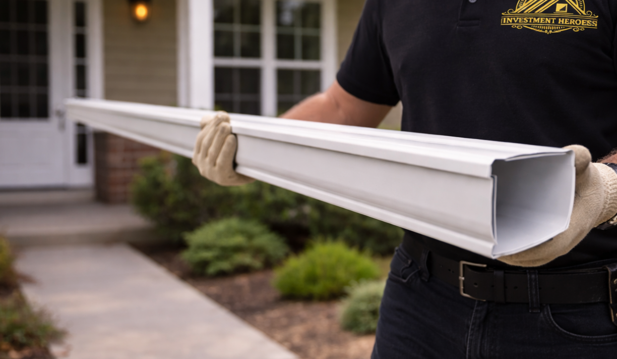 Investment Heroes Roofing holding a gutter section in front of a house exterior.
