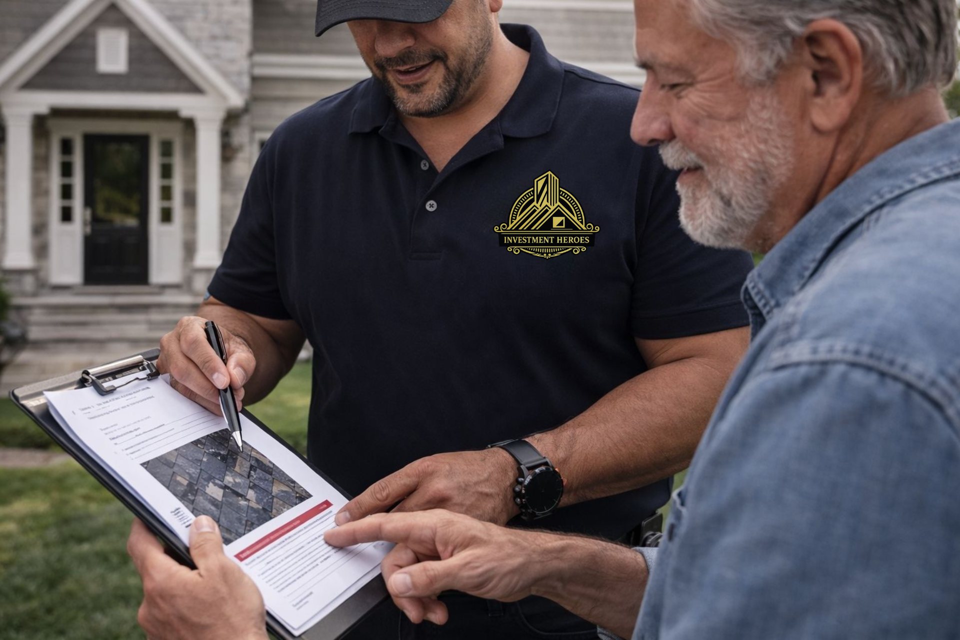 Investment Heroes Roofing reviews a clipboard with a homeowner in front of a house.