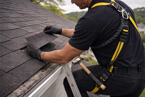 A person wearing a safety harness and gloves works on a residential roof, lifting a shingle with a hammer nearby.