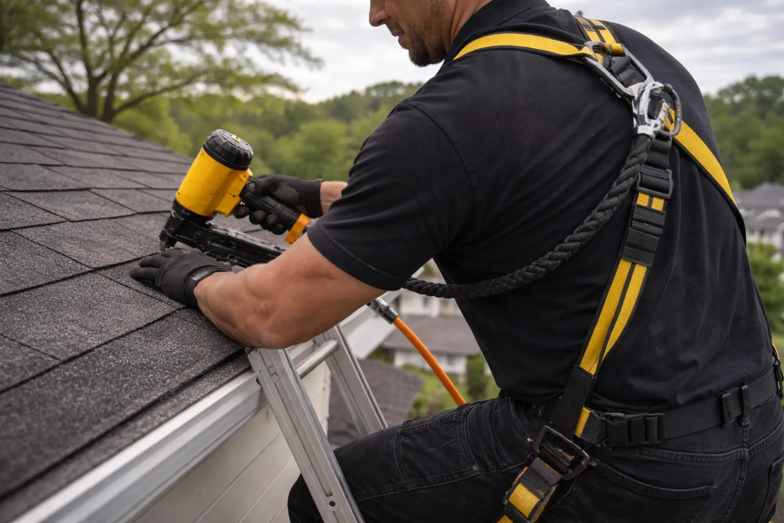 An Investment Heroes roofing professional wearing safety gear uses a yellow nail gun to install shingles on a sloped roof.