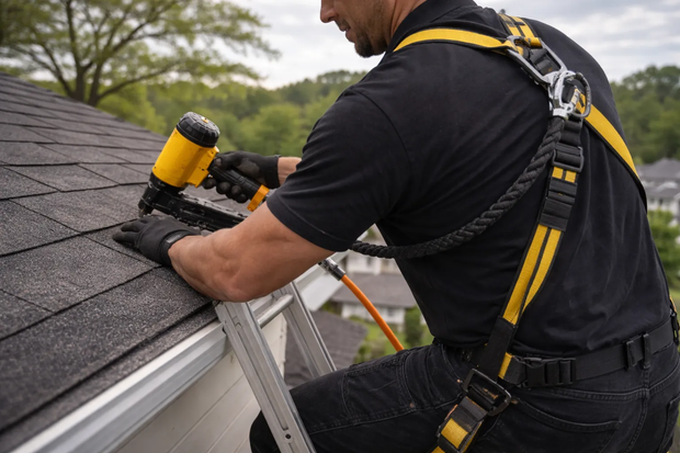 A roofer in safety gear uses a nail gun to install shingles on a pitched roof.