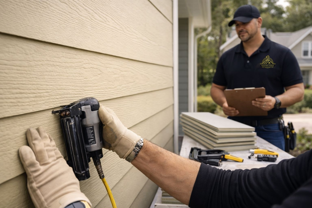 A worker uses a nail gun to install beige horizontal siding on a house while a supervisor holds a clipboard nearby.