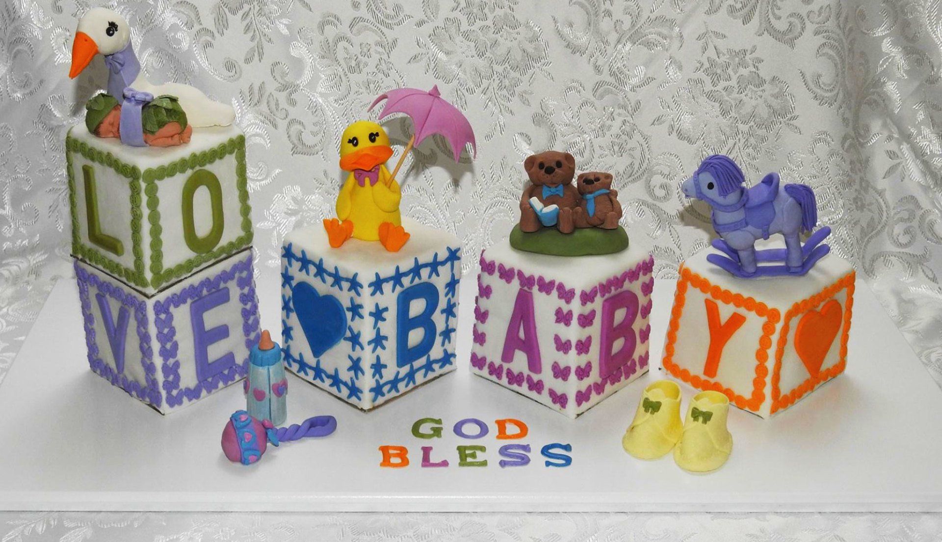 Baby Shower Cake. Baby, blocks, toys, booties.