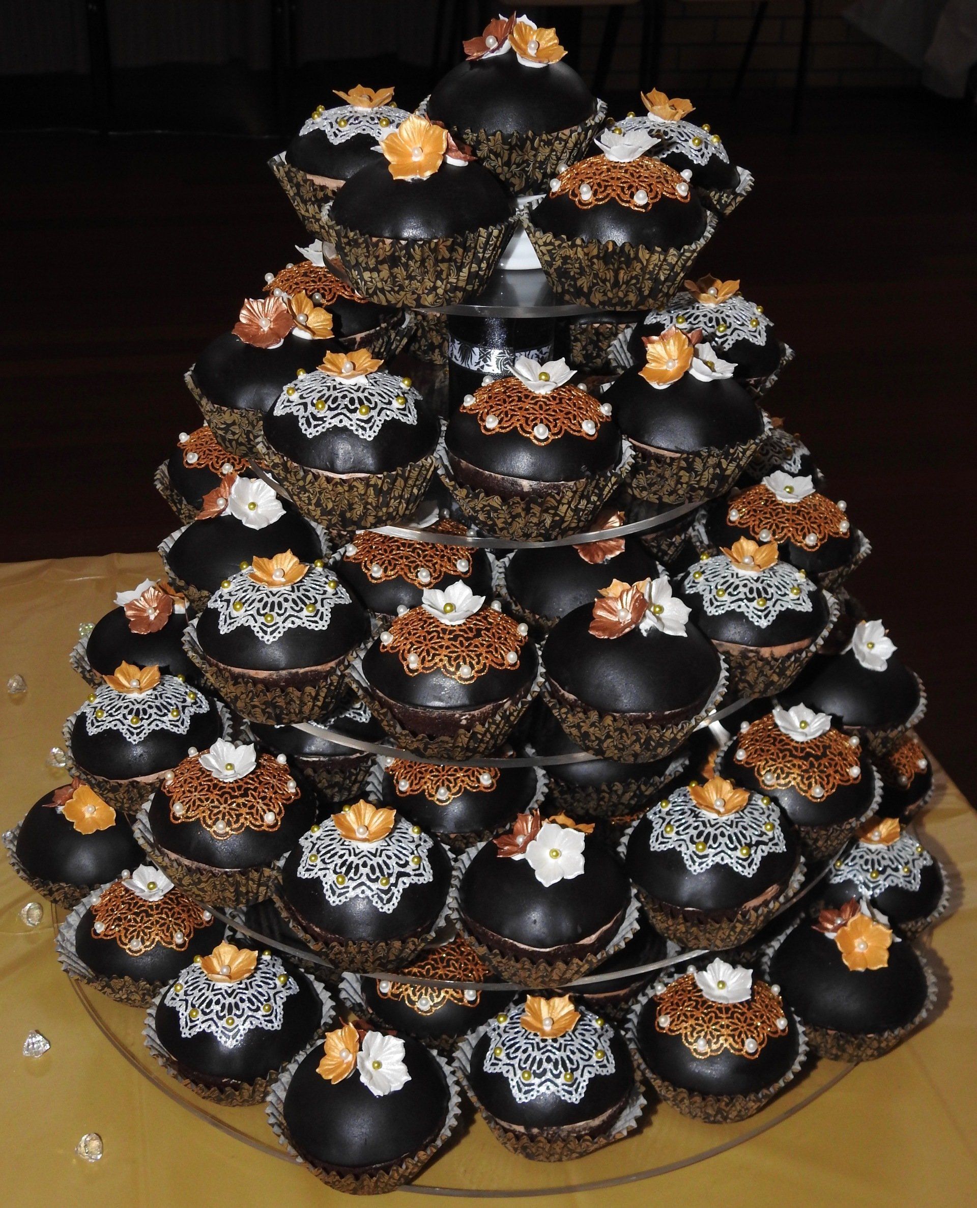 5 Tier display of Art Deco Cupcake with sugar lace and sugar flowers