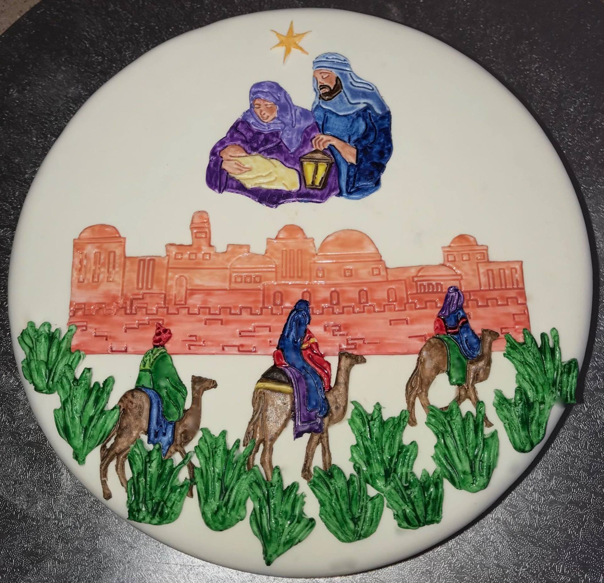 Christmas Cake with Nativity toppers, Bethlehem, Mary Joseph and Baby Jesus, 3 wise men