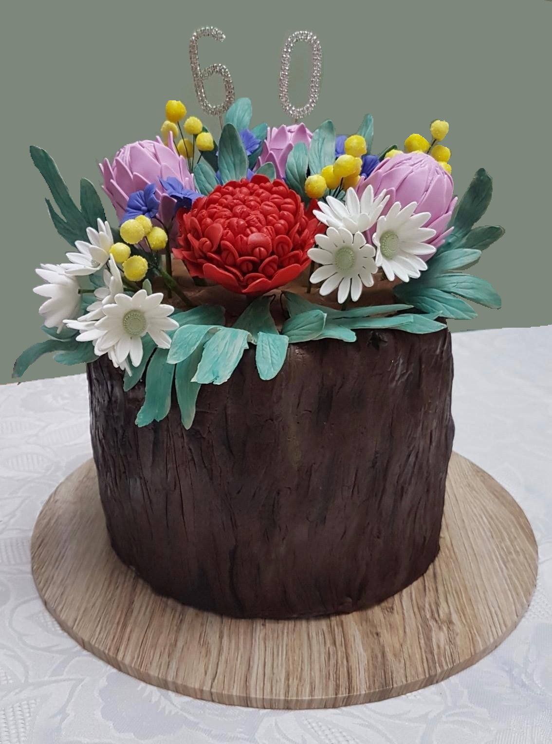 Single tier birthday cake tree textured fondant sides and Australian Wild Flowers