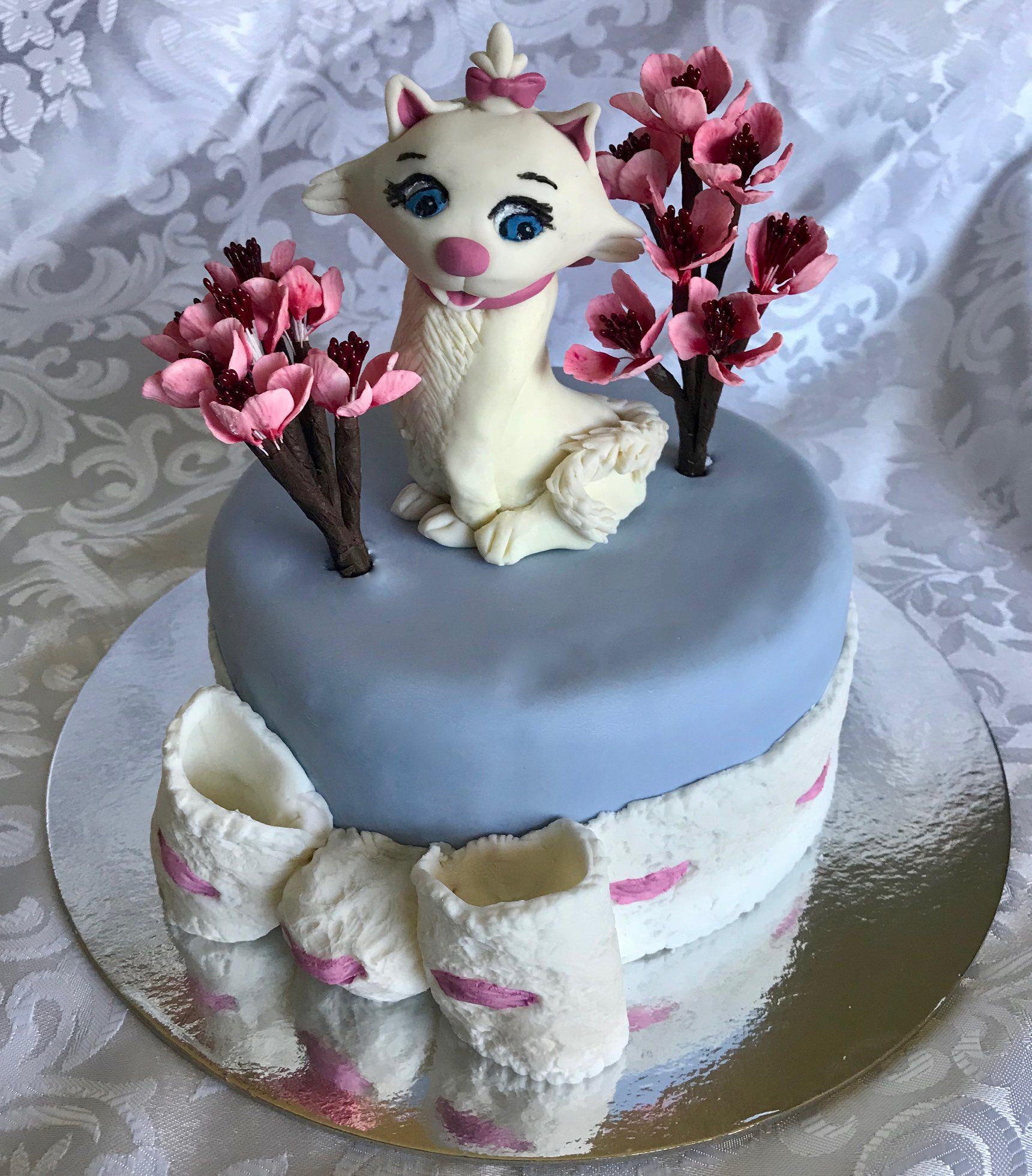 Birthday Cake with cute cat and cherry blossoms