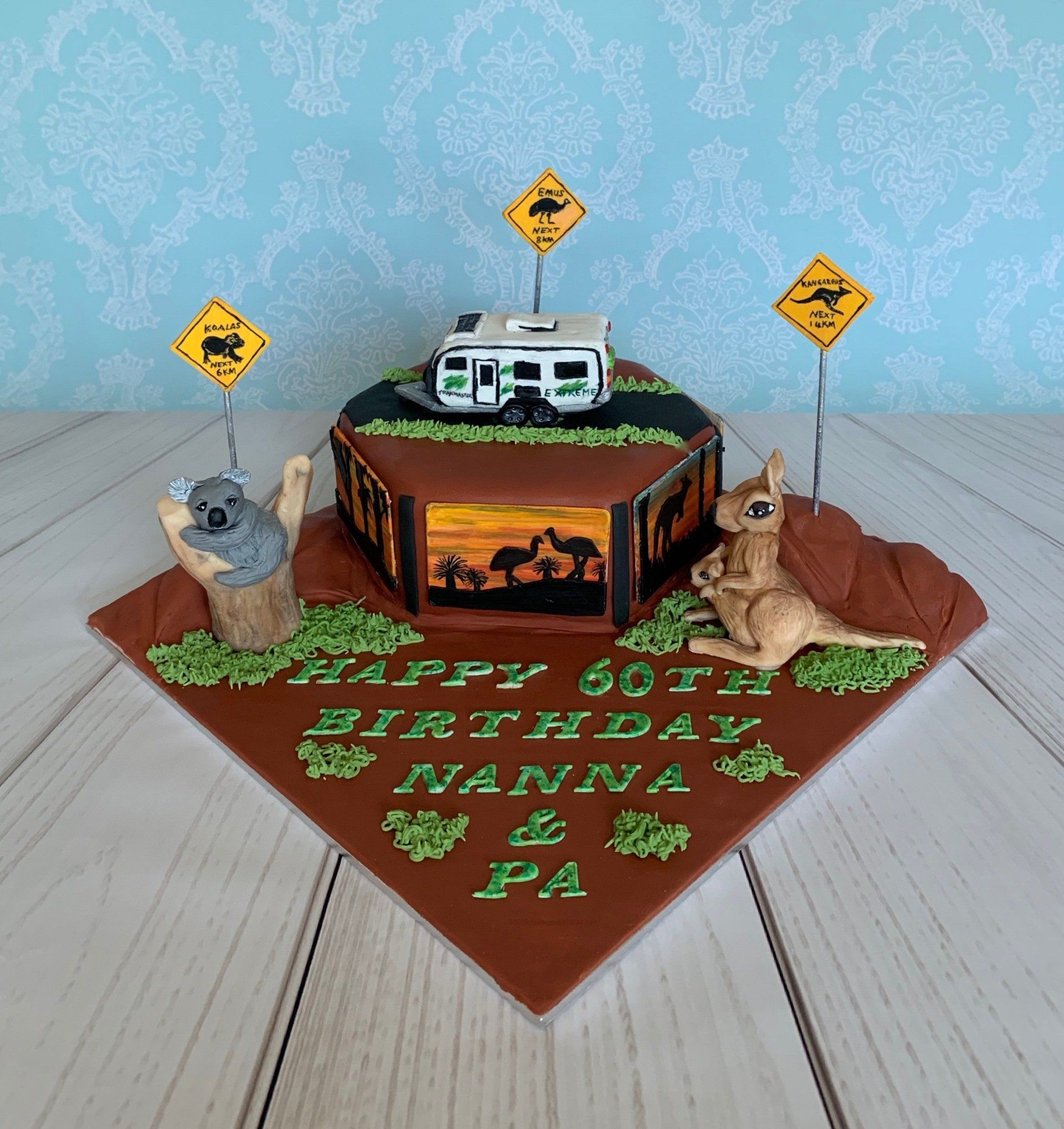 Aussie Outback Themed Cake With Koala, Kangaroo, Caravan, and Aussie Animal Aussie Outback Themed Cake With Koala, Kangaroo, Caravan, and Aussie Animal Sunset Silhouettes Around The Sides. sunset silhouettes around the sides. Front