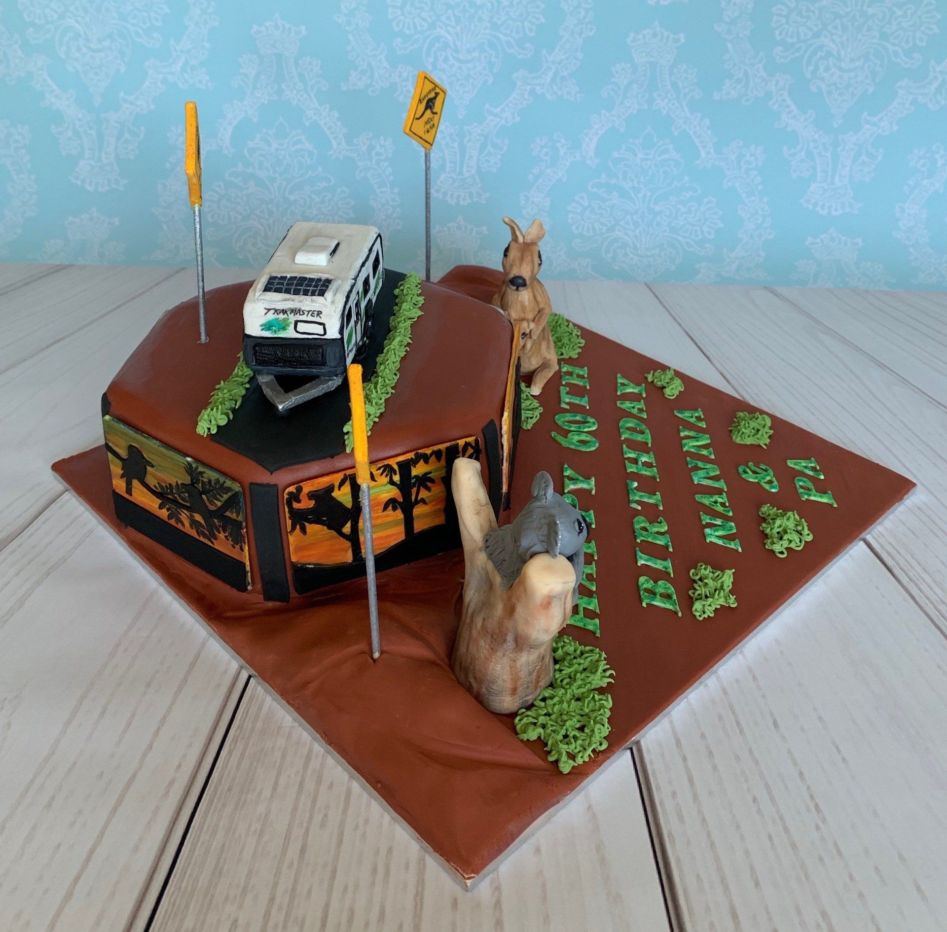 Aussie Outback Themed Cake With Koala, Kangaroo, Caravan, and Aussie Animal Aussie Outback Themed Cake With Koala, Kangaroo, Caravan, and Aussie Animal Sunset Silhouettes Around The Sides. Side 1