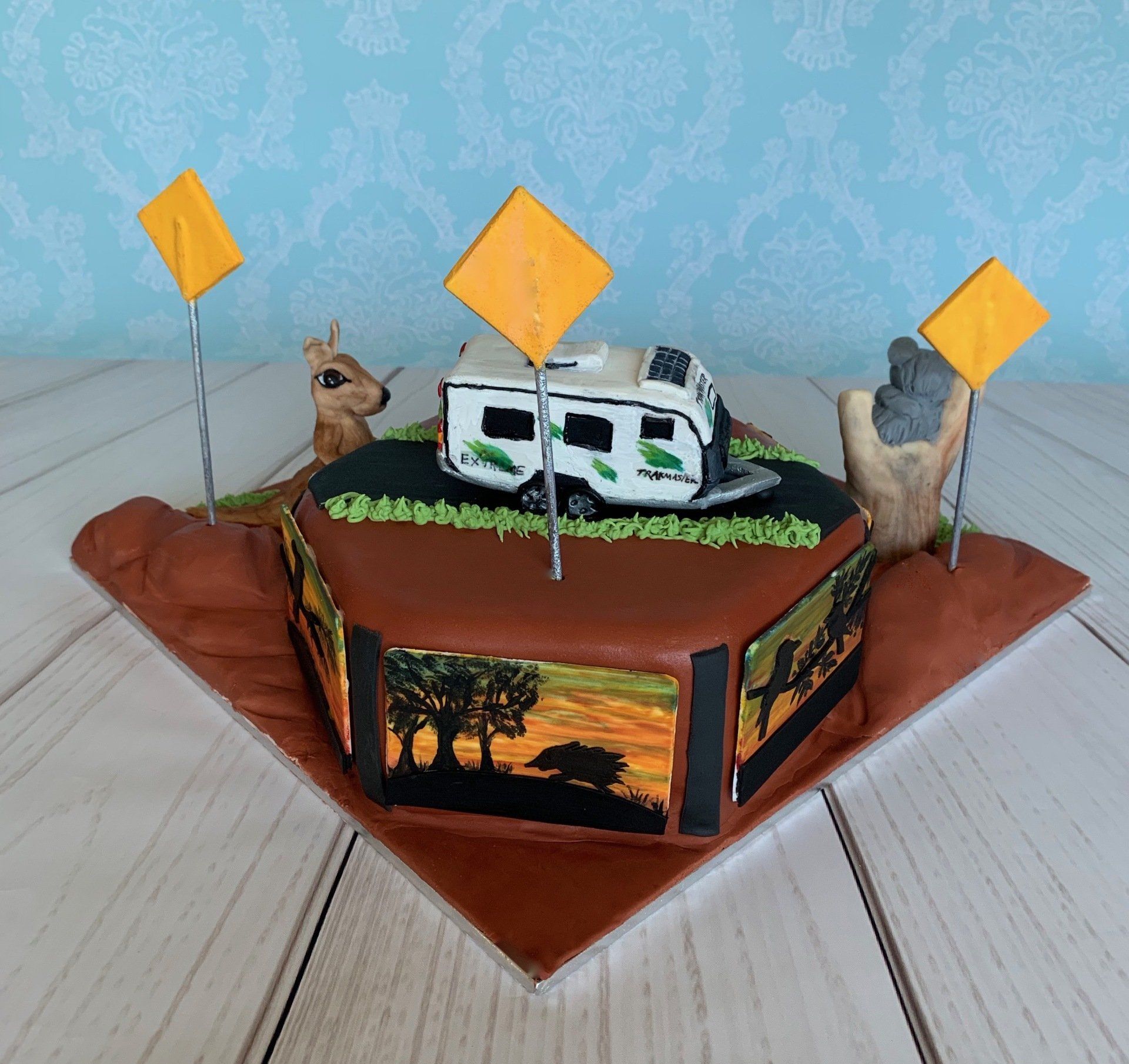 Aussie Outback Themed Cake With Koala, Kangaroo, Caravan, and Aussie Animal Aussie Outback Themed Cake With Koala, Kangaroo, Caravan, and Aussie Animal Sunset Silhouettes Around The Sides. Back