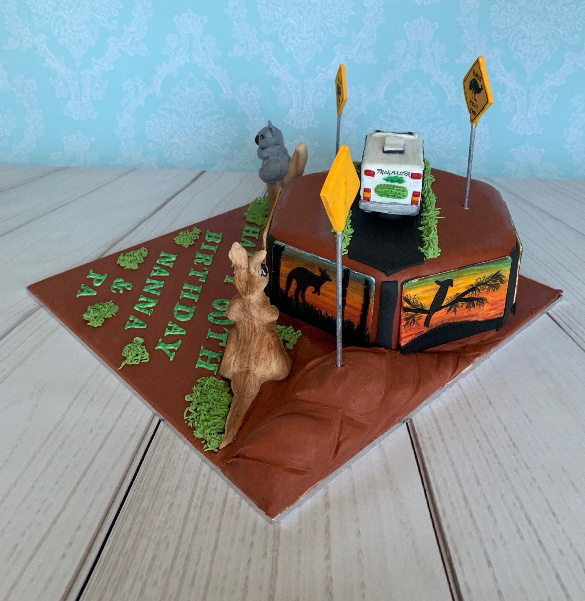 Aussie Outback Themed Cake With Koala, Kangaroo, Caravan, and Aussie Animal Aussie Outback Themed Cake With Koala, Kangaroo, Caravan, and Aussie Animal Sunset Silhouettes Around The Sides. Side 2