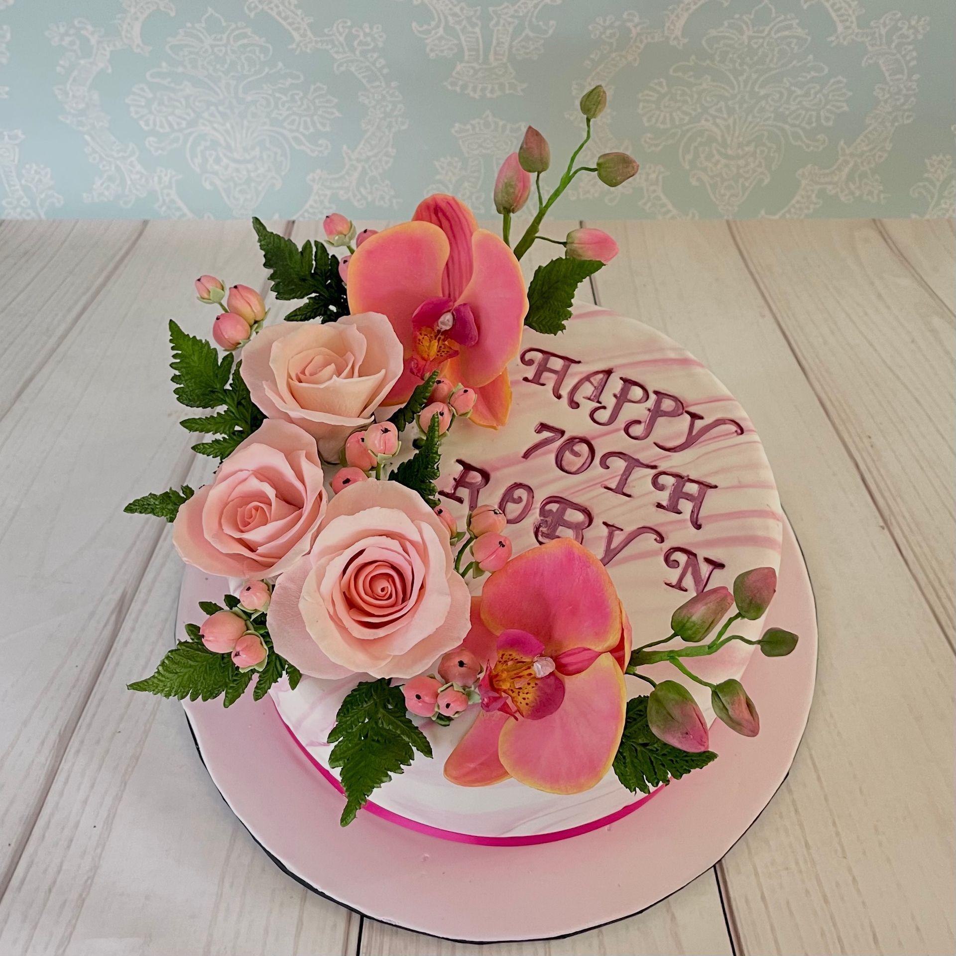 Marbled Pink Fondant Birthday Cake Port Macquarie With Sugar Roses Sugar Hypericum Berries, Sugar Fern Leaves And Sugar Orchids. 