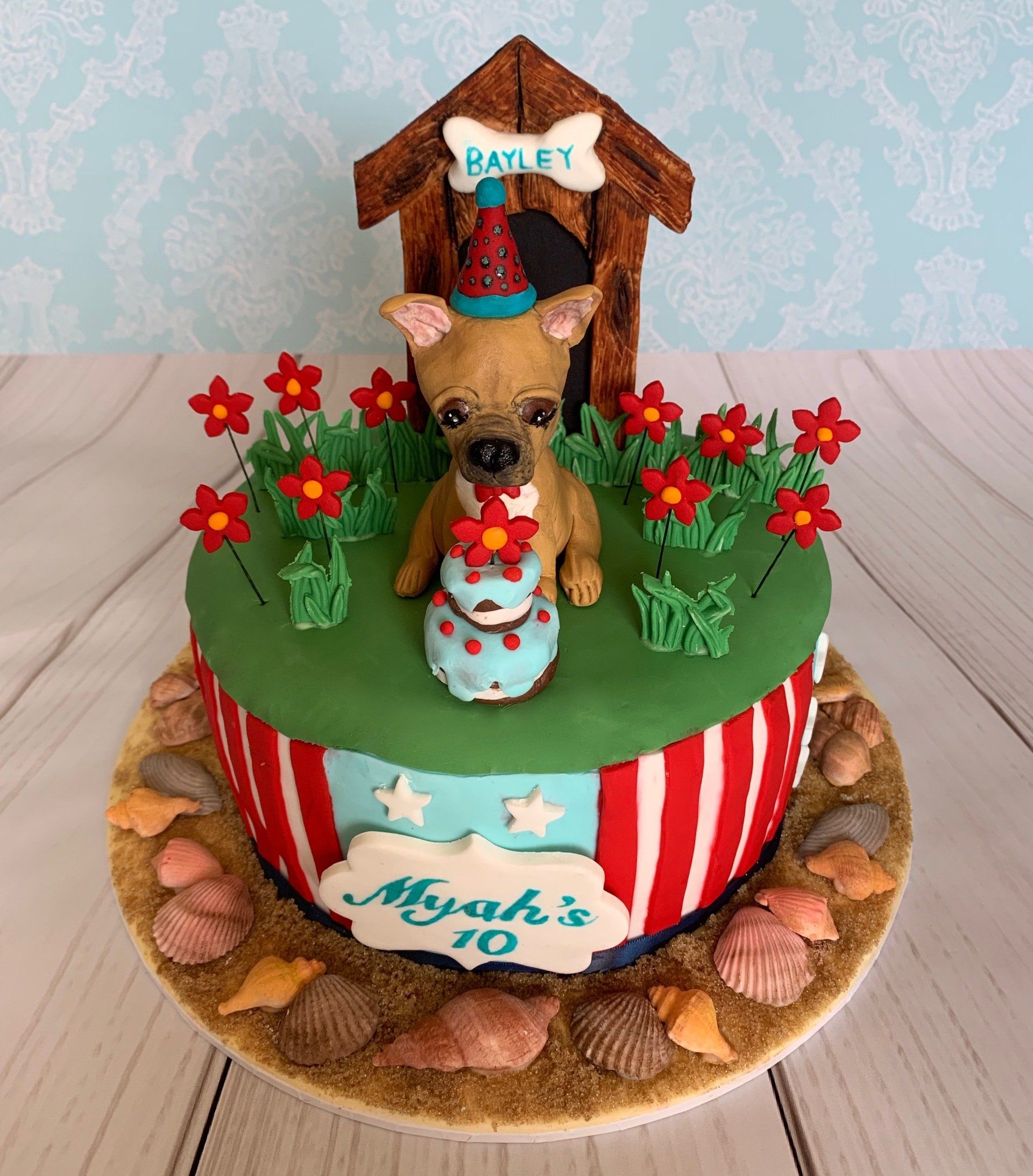 Kids birthday cake with hand scupted French bulldog having a garden party on top of cake, stars and stripes around the sides and a beach seen with sand and shells around the base.