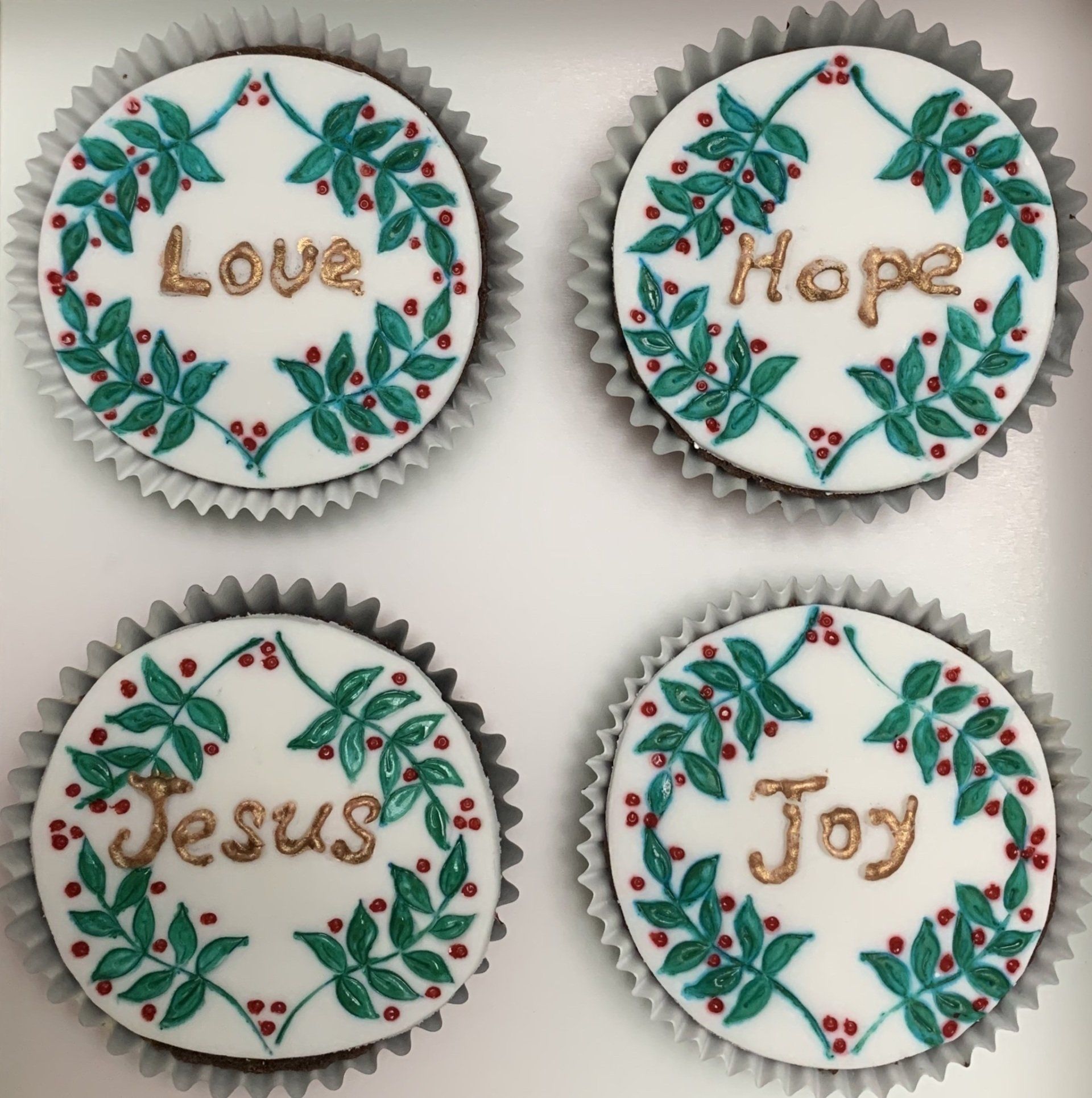 Nativity Cupcakes set 2 of 4 Love, Hope, Joy And Jesus piped with holly details