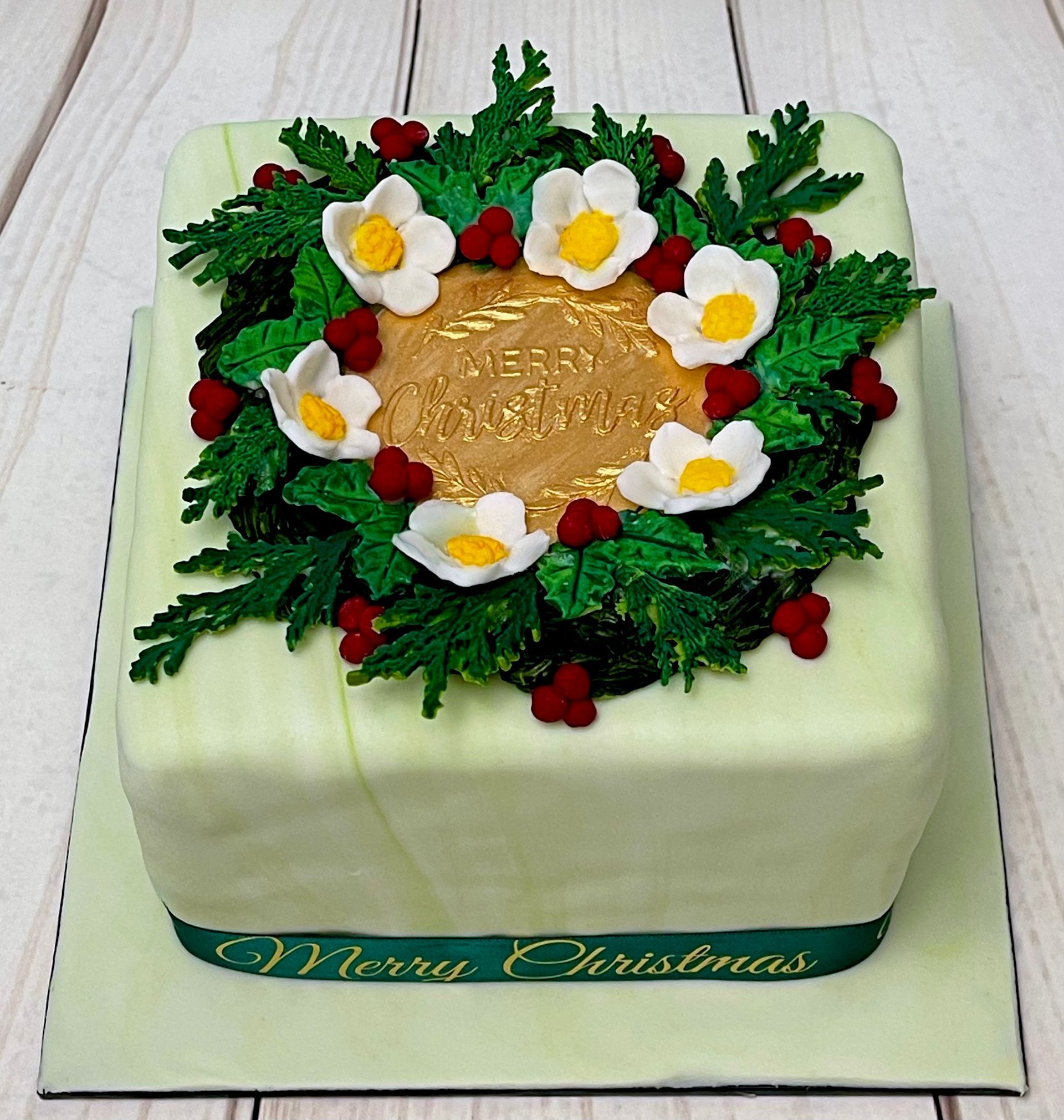 Christmas Cake With Fondant Christmas Wreath, and A Gold Merry Christmas Plaque 
