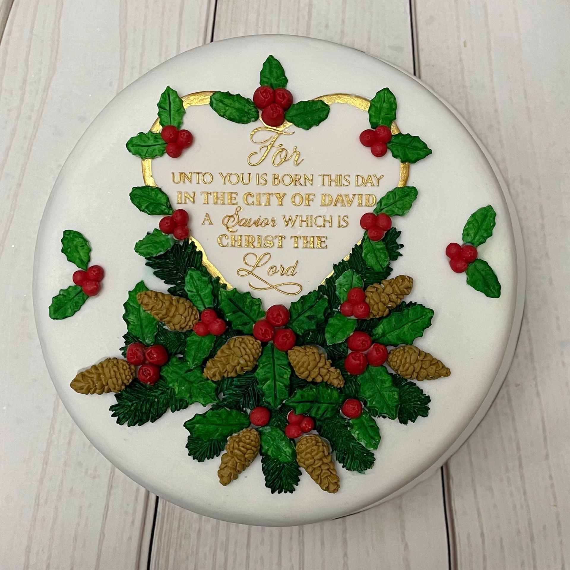 Christmas cake with Christmas Folliage and Christmas Verse.