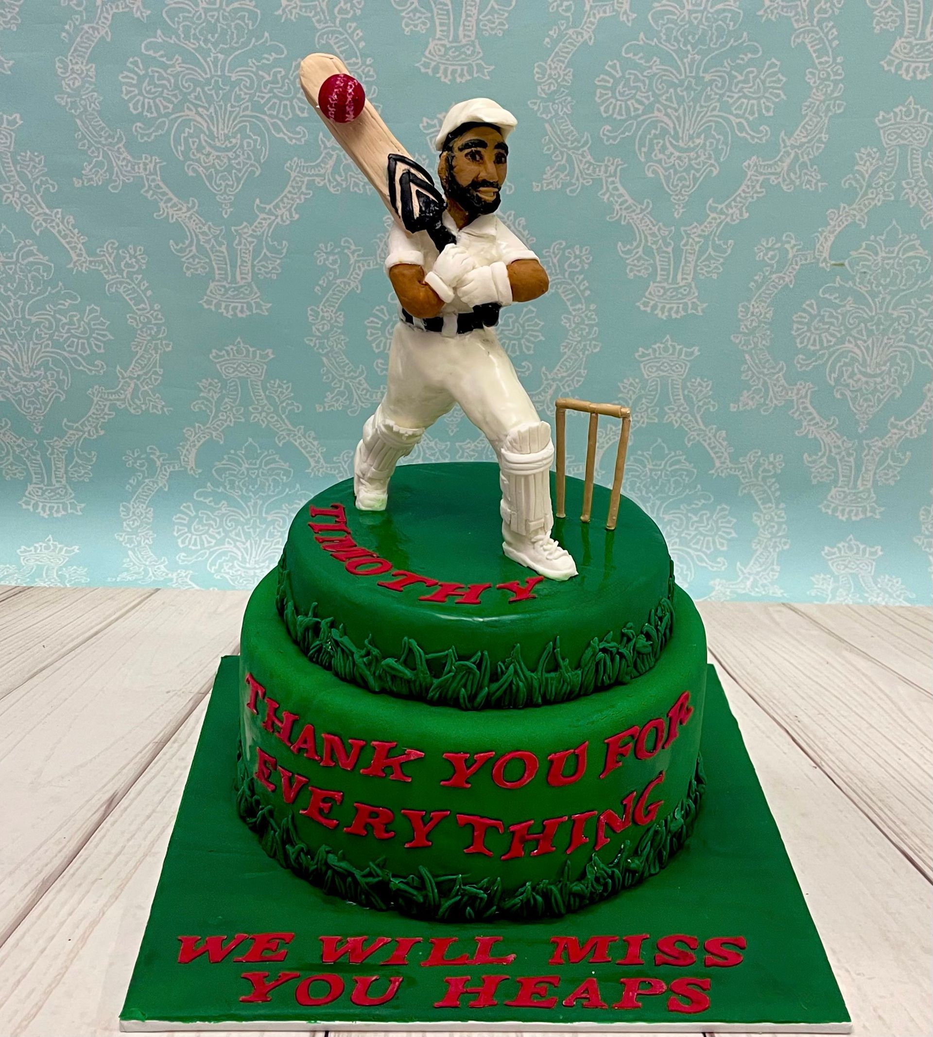 Cricket Themed Cake with hand sculpted personalised cricket player topper. Thank-you Cake, Farewell Cake 