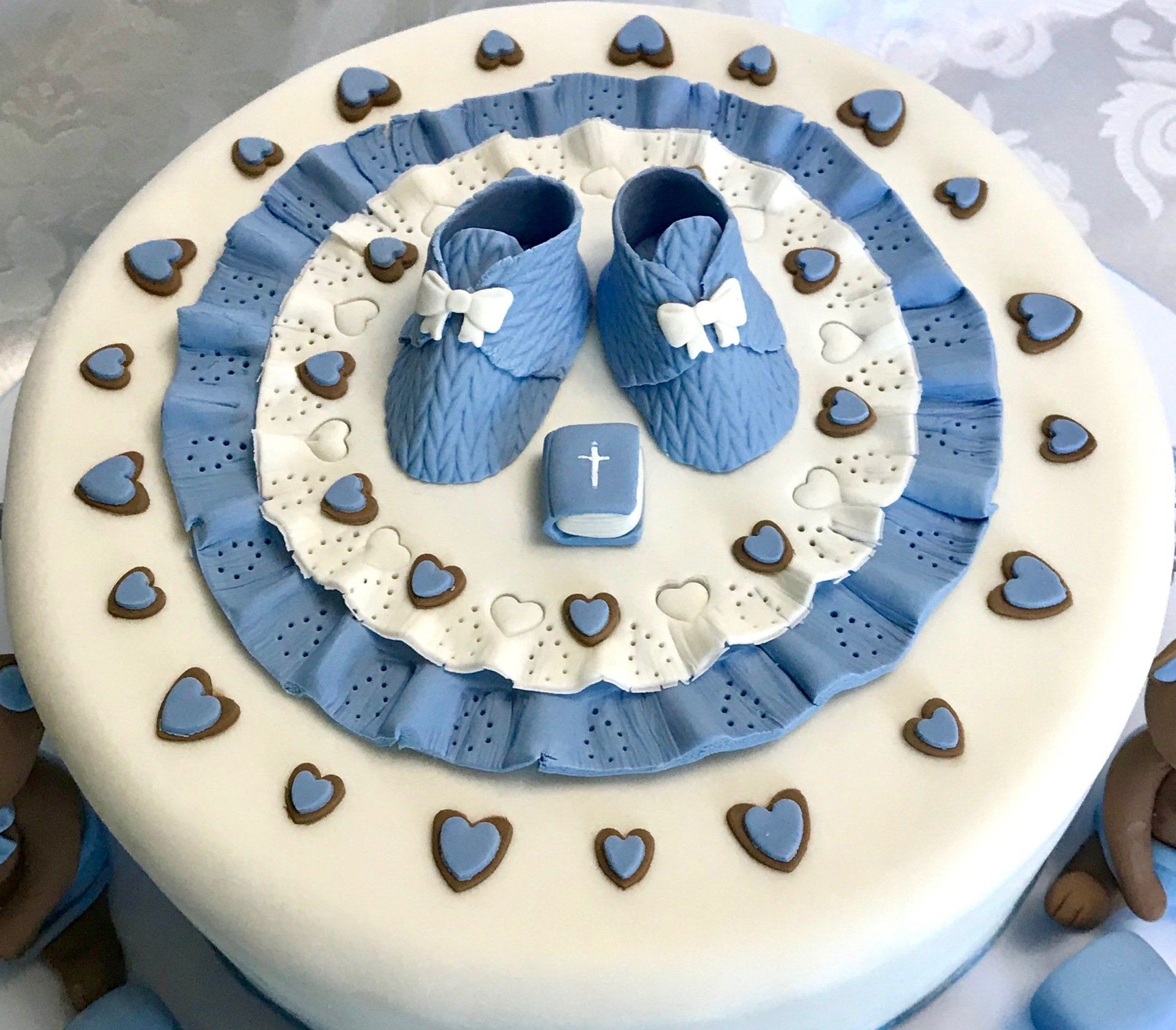 Boys Christening Cake. blue and white, baby booties, hearts, and bible