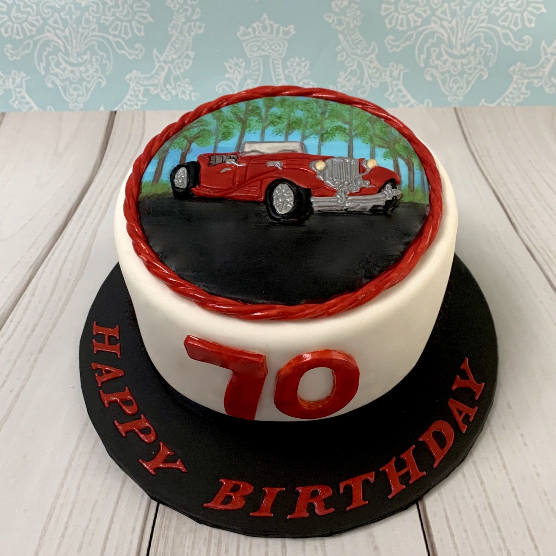 70th Birthday cake with Hand embossed and hand painted classic car