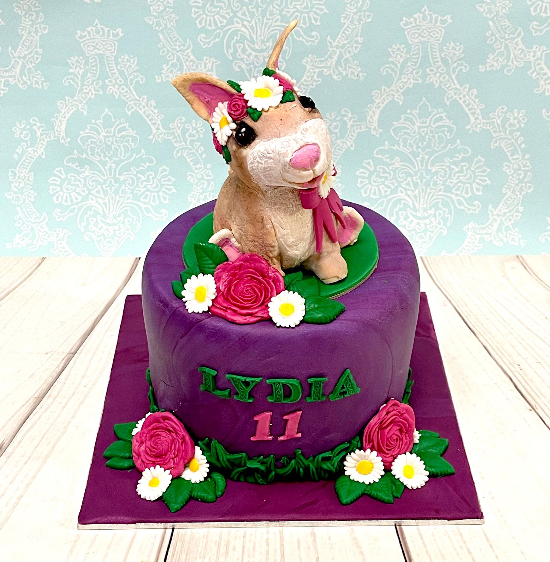 Pretty Kids Cake Port Macquarie With Purple Fondant, Cute Hand Sculpted fondant Bunny Rabbit and Pink and White Sugar Flowers. 