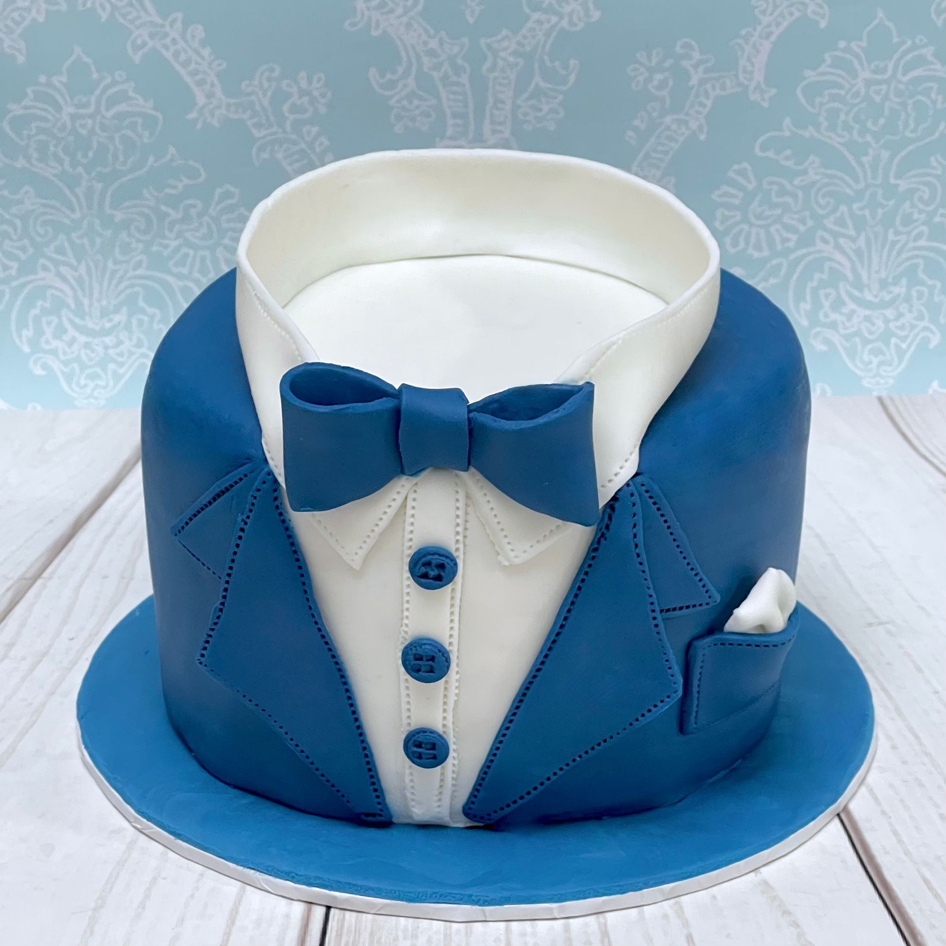 Cute Tuxedo Cake in Blue and White.