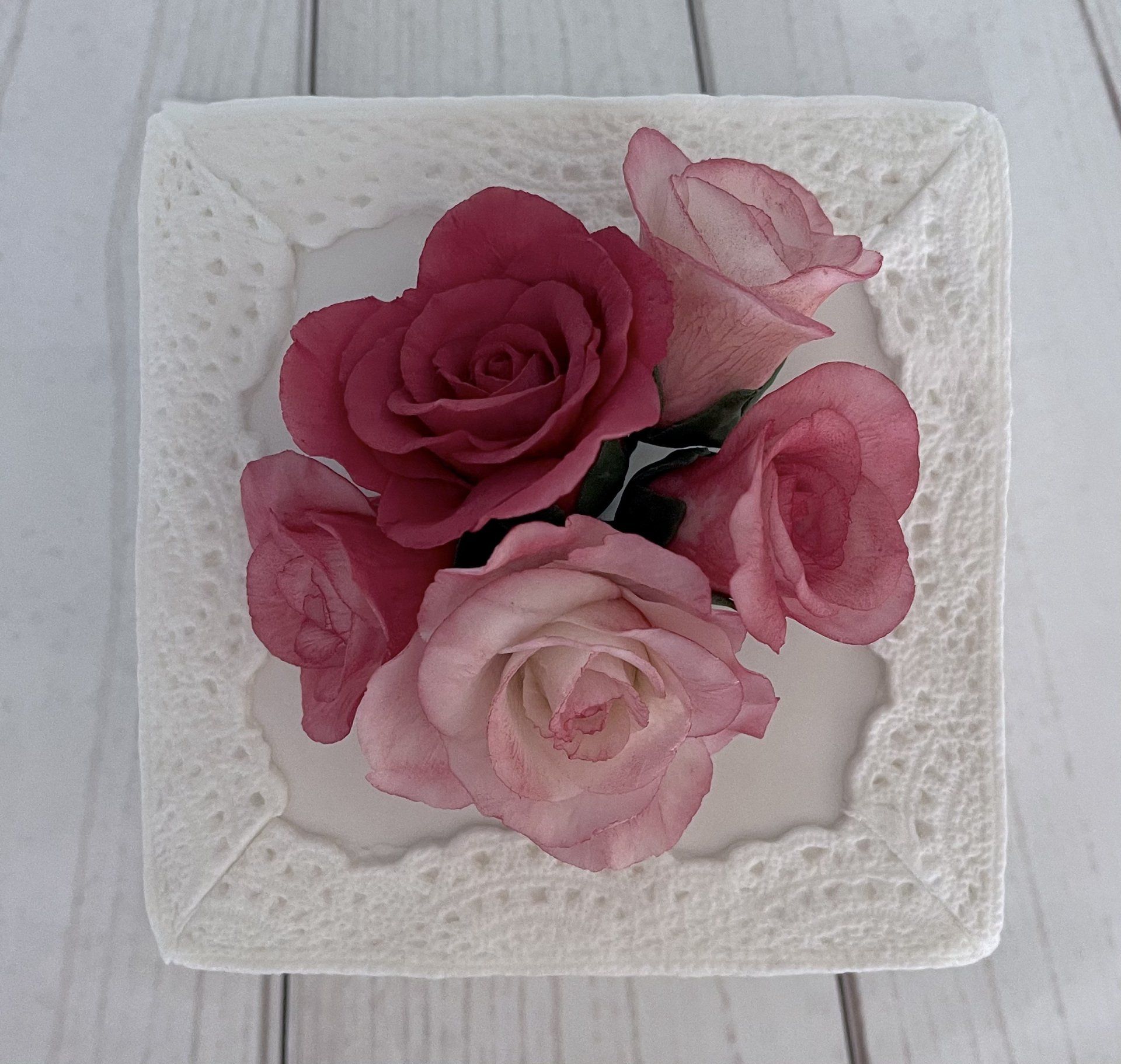 Pretty Birthday Cake with a Sugar Roses and fondant lace in soft pinks and white