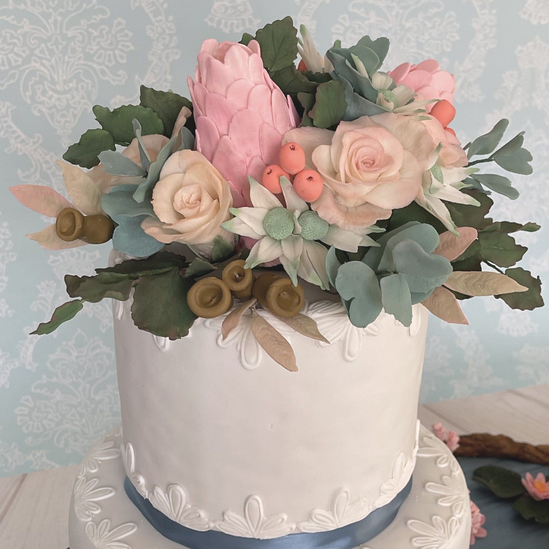 Close up of the Sugar Flowers from the duck pond wedding cake.