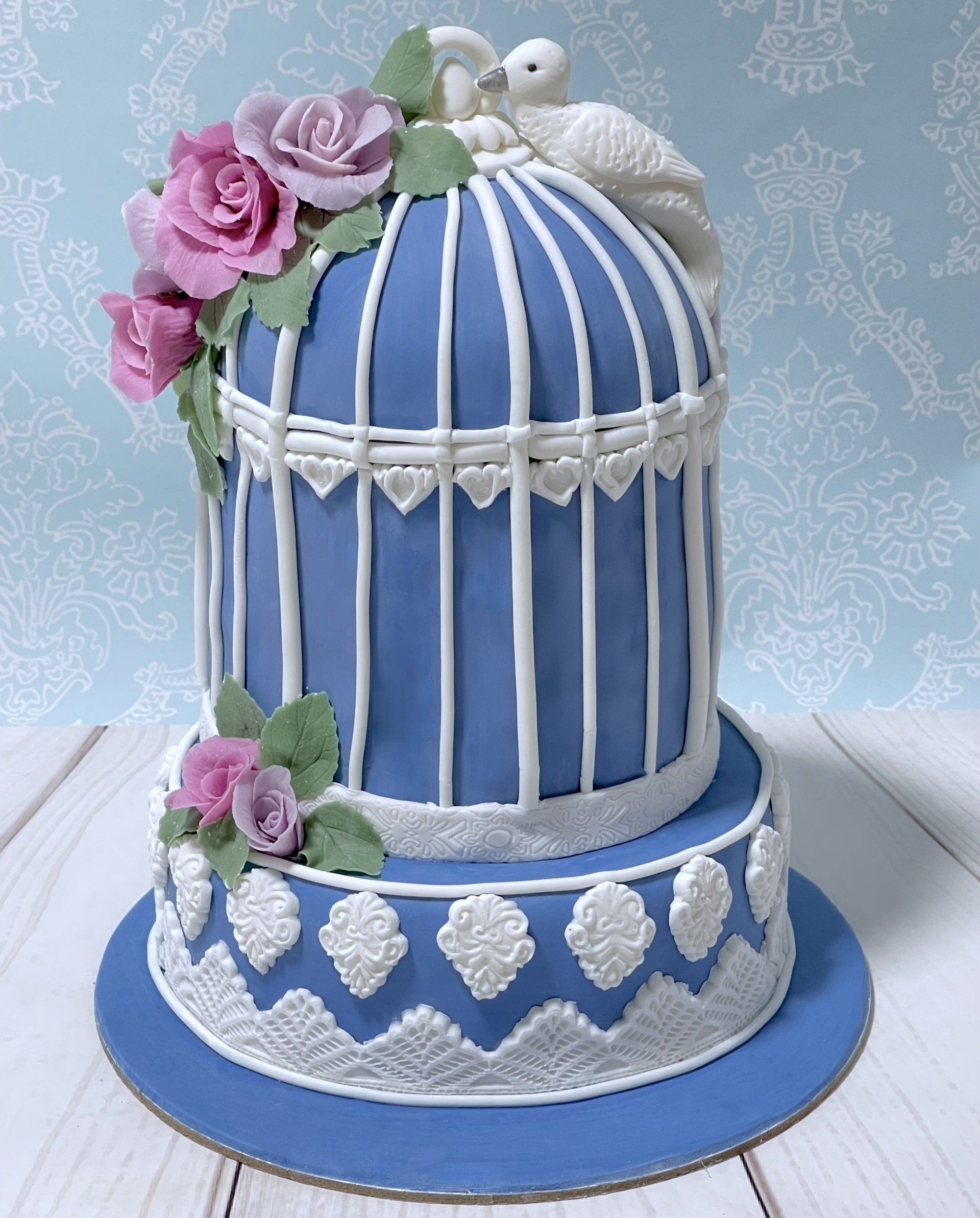 Bird cage Cake with Sugar Flowers and fondant bird.