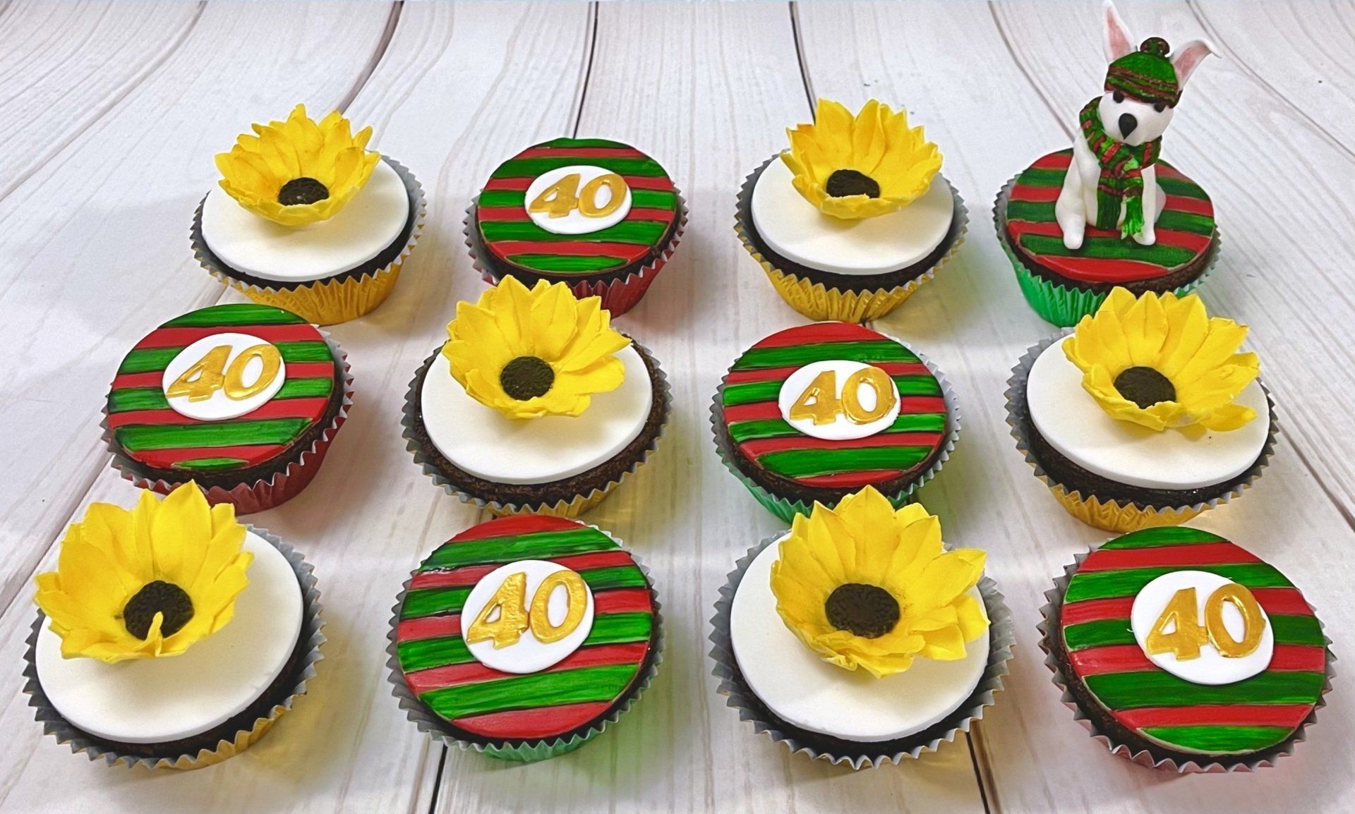 Cupcakes with Handmade Sugar Sunflowers, 40's and a fondant Bunny