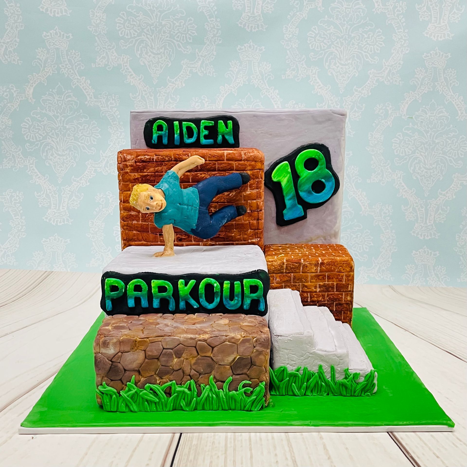 Parkour themed Birthday cake with hand sculpted character.