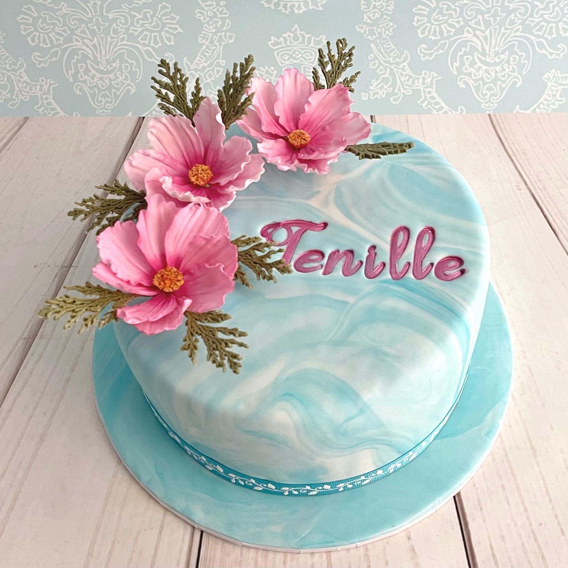 Marbled Blue Fondant Birthday Cake Port Macquarie With Sugar Cosmos Flowers.
