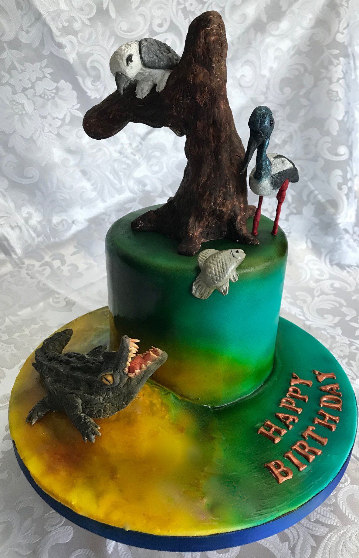 Airbrushed Kakadu Themed Birthday Cake with crocodile, birds and fish.