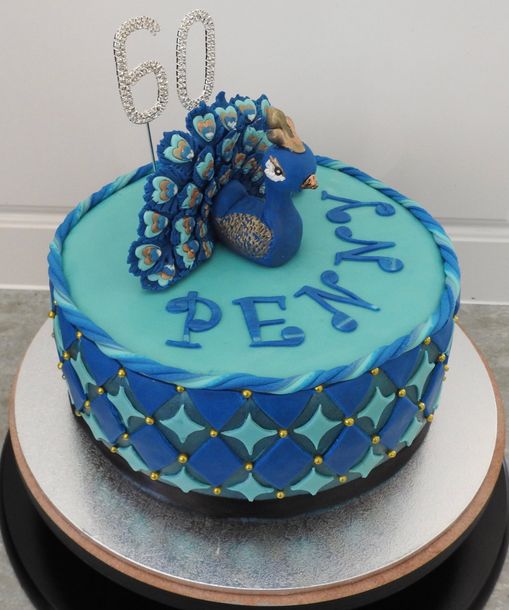 60th Birthday Cake, blue teals and aqua, handrcafted sugar peacock and Diamante 60