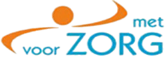 Logo voor &ldquo;Voor Zorg met&rdquo;: tekst in turquoise en oranje met een gestileerde oranje zwaai en stip boven de woorden.