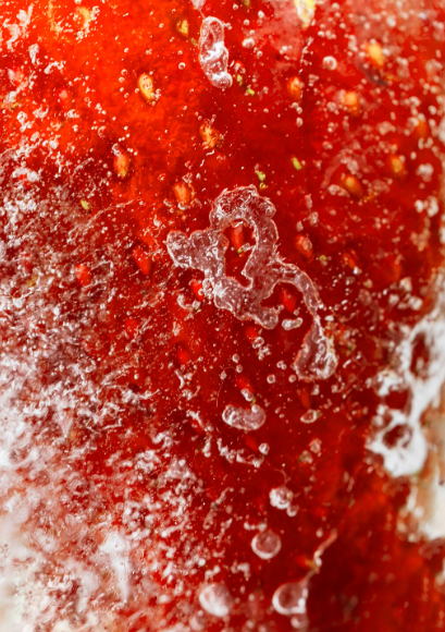 Primer plano de una fresa roja cubierta de escarcha y cristales de hielo.