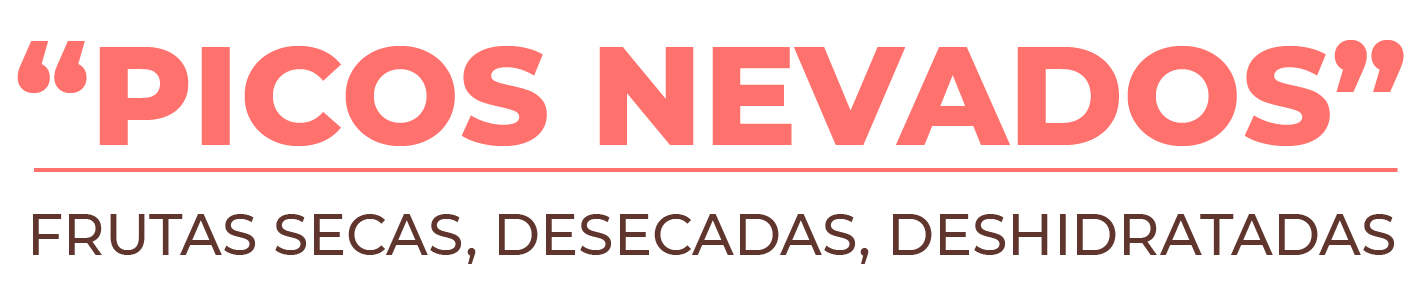 Logo text: “Picos Nevados” with “frutas secas, desecadas, deshidratadas” underneath in pink and black.