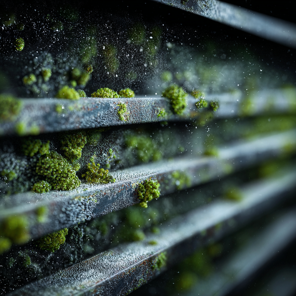 Close-up of weathered, rusty metal slats covered in green moss, against a dark background.