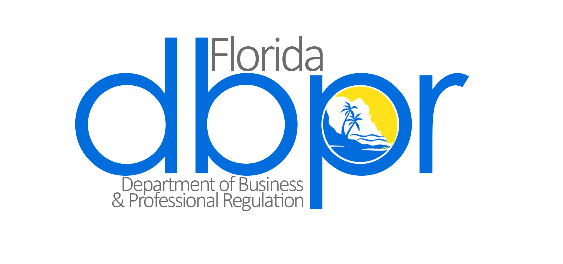 Logo for the Florida Department of Business & Professional Regulation. Blue text with a small icon of a beach scene.